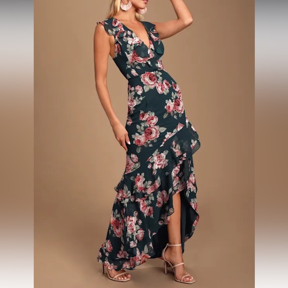 Lulus Dresses & Skirts - Lulus Secret Romance Dark Green Floral Print High-Low Maxi Dress Size Small